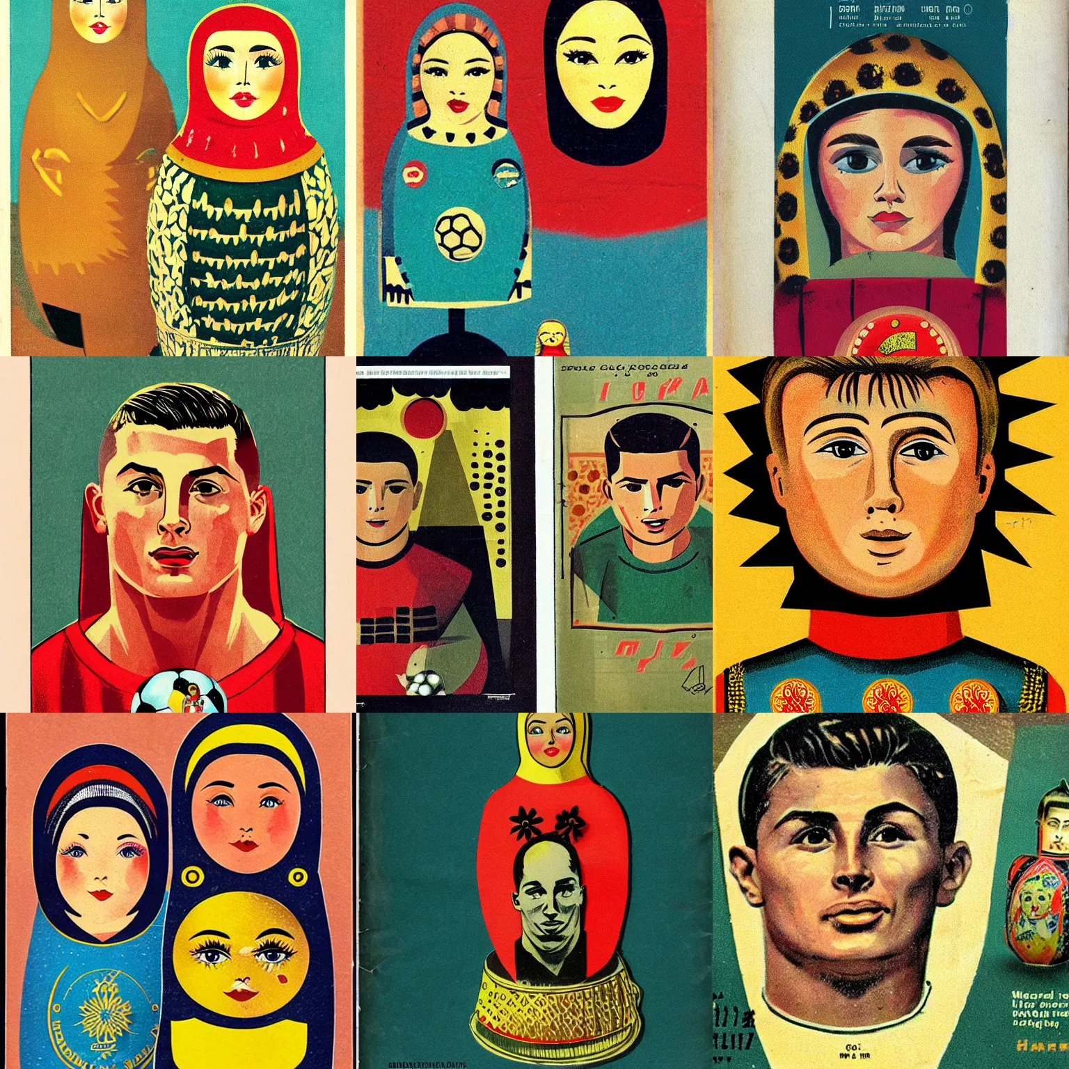 Prompt: matryoshka and Cristiano Ronaldo portrait, vintage magazine illustration 1950