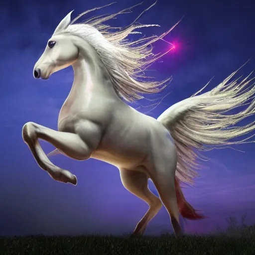 Image similar to a majestic pegasus, swooping toward the camera brilliantly illuminated, color high resolution realistic photo