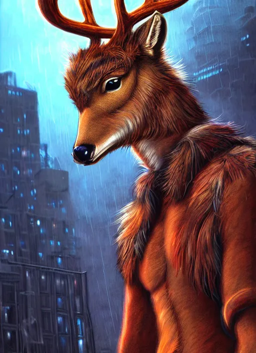 Prompt: aesthetic portrait commission of a of a male fully furry anthro deer with a tail and a beautiful attractive hyperdetailed face wearing wearing a outfit in a sci - fi dystopian city at golden hour while it storms in the background. character design by dayer, diego 5, detailed, inked, western comic book art, award winning film poster painting