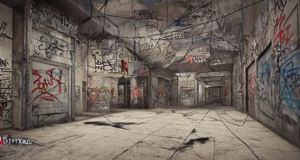 Image similar to photo realistic!! a rundown mall interior with hanging wire and graffiti, very detailed, slightly smokey, unreal engine