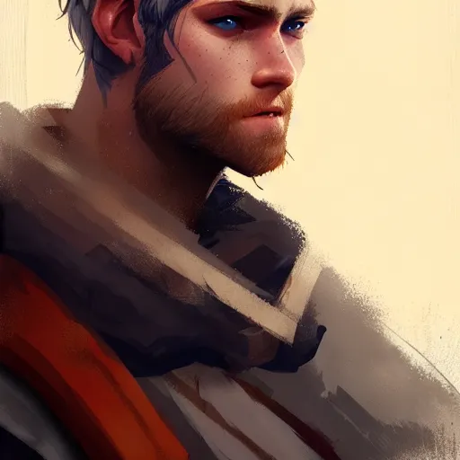Prompt: a rugged young knight with blonde hair and blue eyes and a short beard and a scar under his left eye by Greg_Rutkowski, realistic, detailed, masterpiece, ArtStation