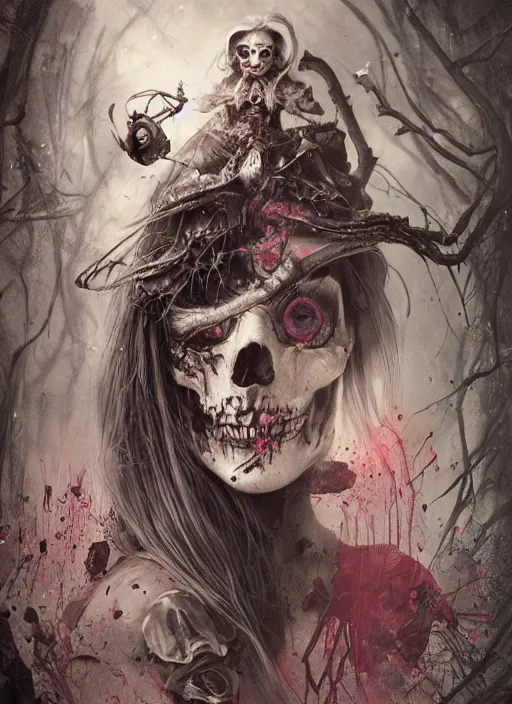 Image similar to Angry Alice in Wonderland, Death Tarot card,highly detailed,half skull face,cinematic,8k,by Stanley Artgermm,Tom Bagshaw,Greg Rutkowski,Carne Griffiths, Ayami Kojima, Beksinski, Giger,trending on DeviantArt,hyper detailed,horror, full of colour