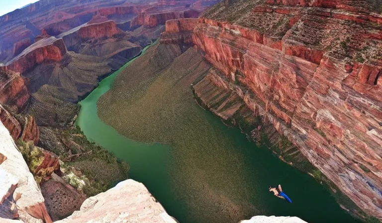 Image similar to gollum base jumping in the grand canyon gopro selfie video, wide - angle, motion blur