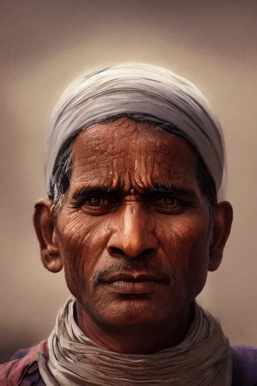 Image similar to hindu citizen, close - up portrait, poor, intricate, elegant, volumetric lighting, scenery, digital painting, highly detailed, artstation, sharp focus, illustration, concept art, ruan jia, steve mccurry