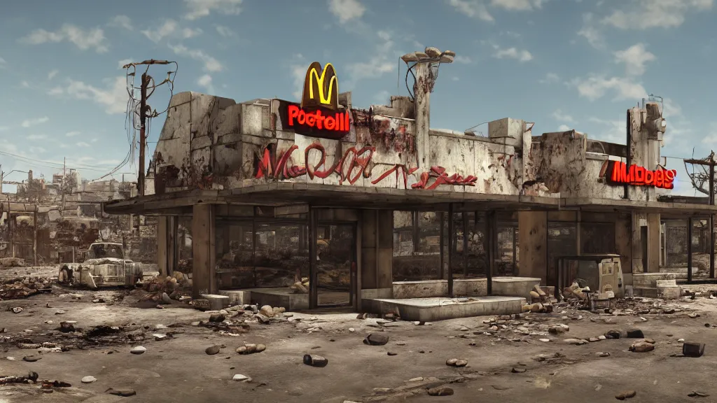 Image similar to post apocalyptic McDonalds, fallout, wasteland, octane render, 8k