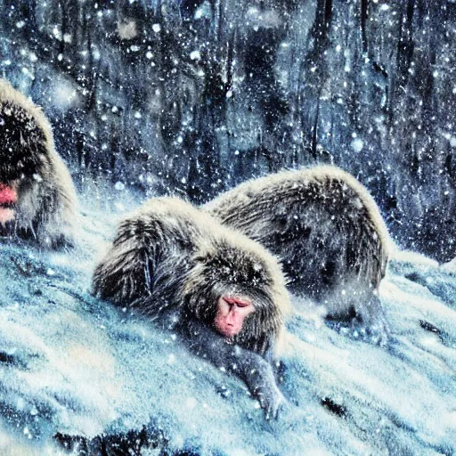 Image similar to scenic mountain setting, snow monkeys gather at the natural spa, highly detailed, snow flurry, cold, steamy, desaturated, inquisitive, striking, contemplative, watercolor, dry brush