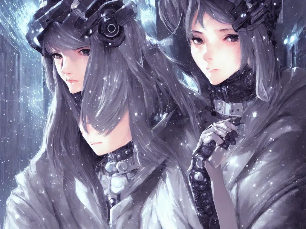 Prompt: portrait cyber warrior girl, grey hair dieselpunk wardrobe, in tokyo street cyberpunk snowy night, ssci - fi and fantasy, intricate and very very beautiful and elegant, digital painting, pixiv, concept art, smooth, illustration, art by yam and luker and yoda and ライコ and zumi and shal. e trending on pixiv