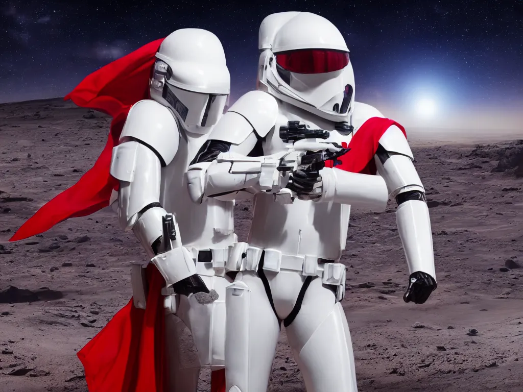 Prompt: space trooper in glossy sleek white armor with small red details, no helmet, long red cape, heroic posture, firing laser rifle, on the surface of mars, explosions in the background, night time, dramatic lighting, cinematic, sci-fi, hyperrealistic, movie still