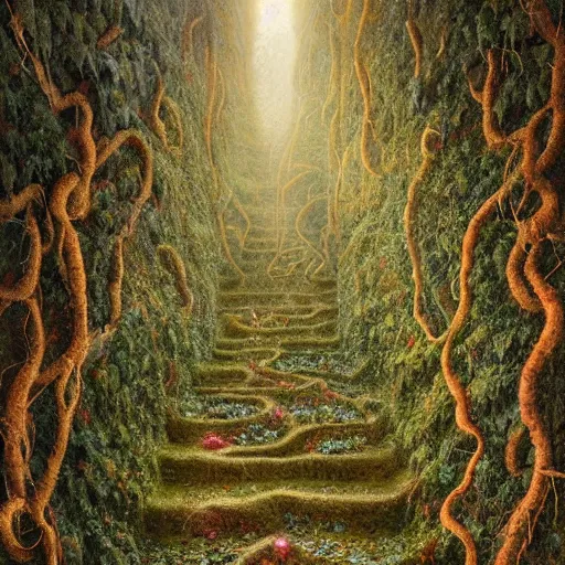 Image similar to intricate stunning highly detailed illustration of the inca lost city of gold, red 🌱, by agostino arrivabene and vladimir kush, blood blood blood rivers running through stairs, surreal, digital painting, ultra realistic, dramatic lighting, twisted vines, lush plants, gold, inca, pristine water, artstation