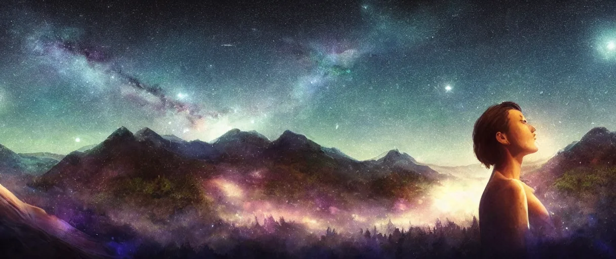 Image similar to digital photography of a ultra detailed night sky with constellations, detailed very beautiful girl with short hair swimming in a blue pool, Perseides meteor shower, ultra detailed hill top over behind a forest, large mountains in back, concept art, low angle, high detail, warm lighting, volumetric, vivid, beautiful, trending on artstation, by Jordan Grimmer, no focus, huge scene, ultra detailed trees, F11 aperture, in the style of JIM RICHARDSON