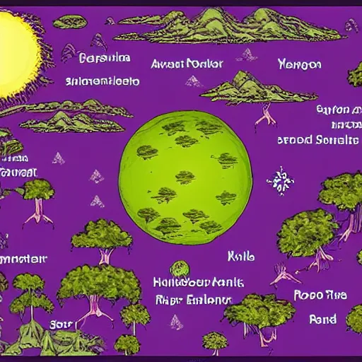 Prompt: a map of a world with trees, large eyes, purple swamps, a nuclear explosion, violet sunrises, and scientific computer components everywhere