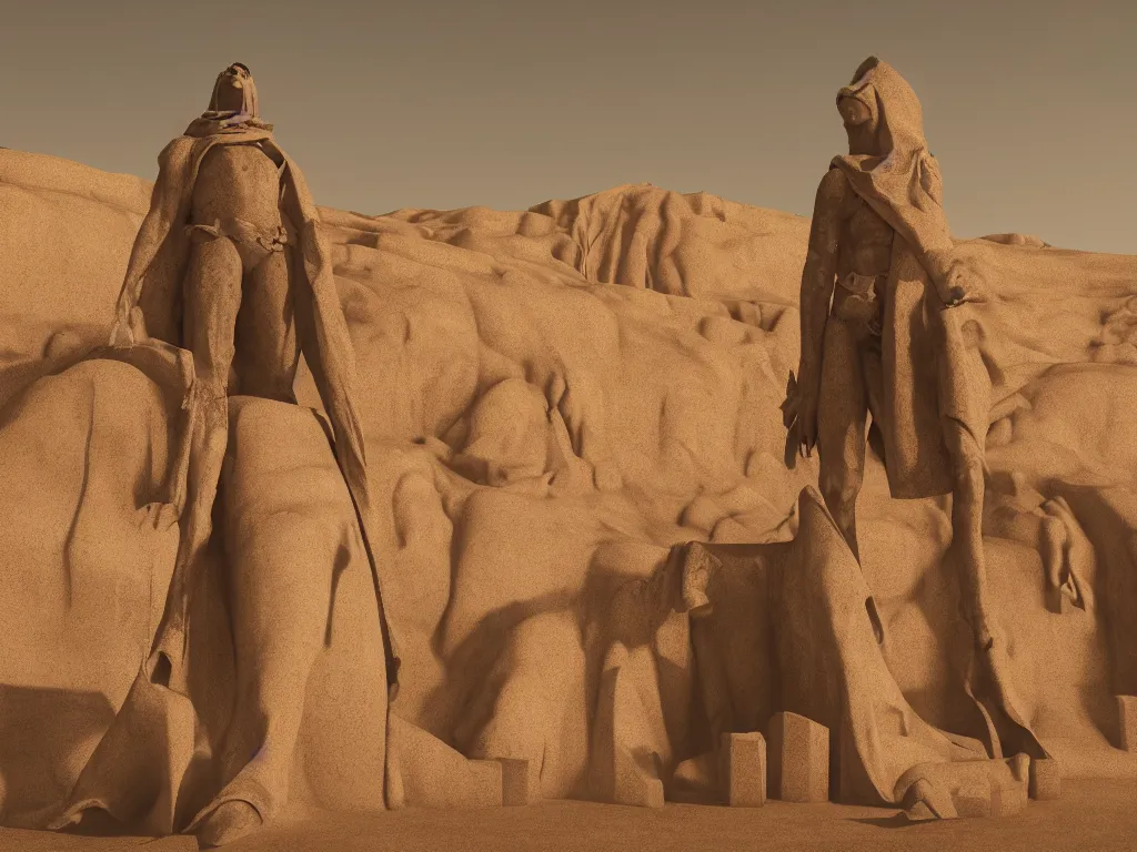 Prompt: Giant statue above the crypt in the desert covered by sand. Dramatic, Cinematic, ArtStation, realistic photograph, ambient, light shades of colors, Unreal Engine 5, rendered by Octane.