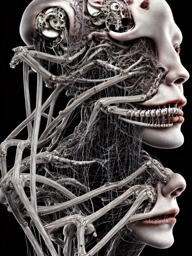 Image similar to portrait of neural nightmares by yoshitaka amano and HR Giger, detailed face face face face, facial structure, hd, 8k, very very very very electronic, biomechanical, biology, bio, neural machine, single subject, terror