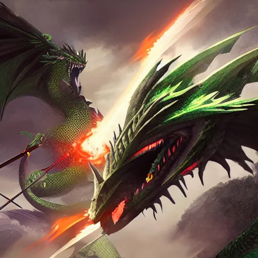 Prompt: yoimiya from genshin impact shooting fire arrows at a massive green dragon, storm dragon, fantasy, concept art, sharp focus, unreal engine, 4 k, genshin impact, anime style