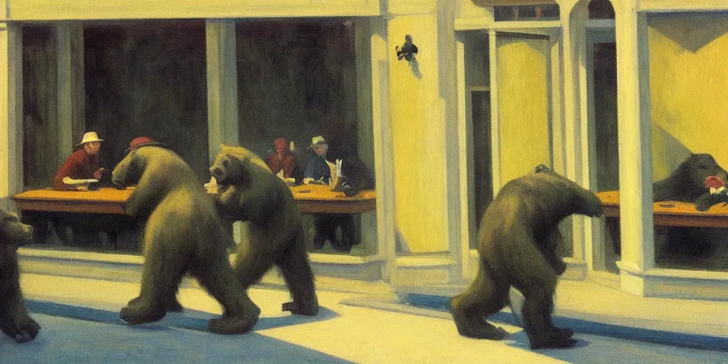 Prompt: edward hopper's painting, of a group of werebears robbing a bank, foggy