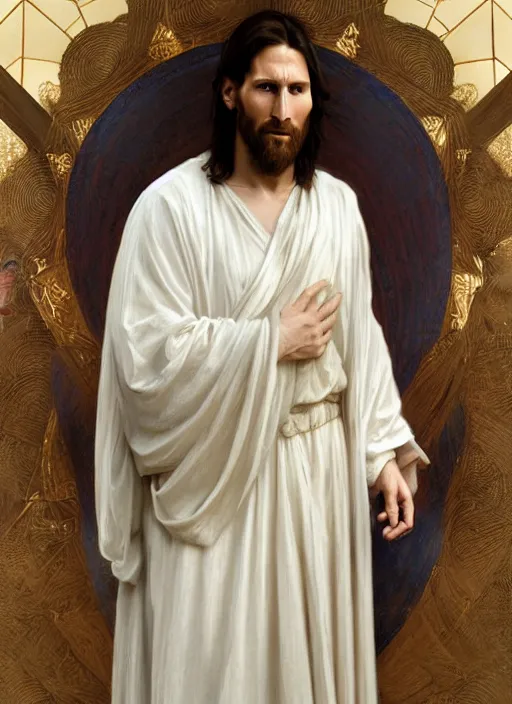 Image similar to portrait lionel messi as jesus, full length shot, shining, 8 k highly detailed, sharp focus, illustration, art by artgerm, mucha, bouguereau