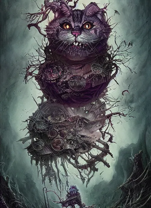 Image similar to Cheshire Cat Death Tarot card,highly detailed,half skull face,cinematic,8k,by Stanley Artgermm,Tom Bagshaw,Greg Rutkowski,Carne Griffiths, Ayami Kojima, Beksinski, Giger,trending on DeviantArt,hyper detailed,horror, full of colour