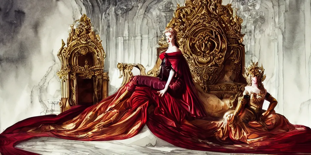 Image similar to epic, cinematic, leading lines, low angle, a 1 7 th century beautiful queen, sitting on the throne, symmetry, baroque interior, shiny marble floor, ornate dark red opulent clothing, scifi, futuristic, optimistic, concept art, watercolor, expressive, impressionism,