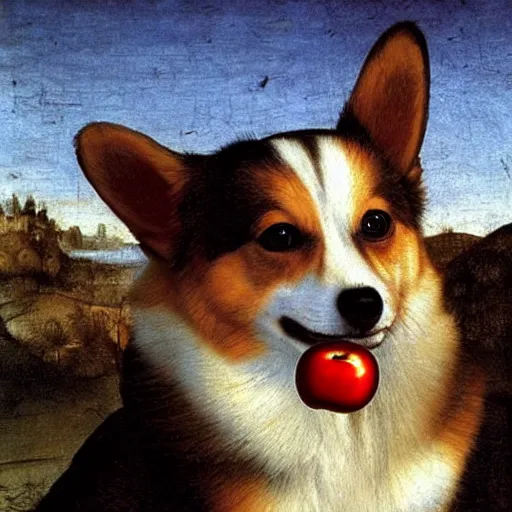 Prompt: corgi with an apple on its head, 4 k, leonardo da vinci