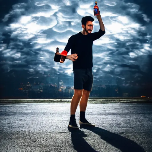 Prompt: man jumping while holding a bottle by album cover, UHD, 4K, 8K