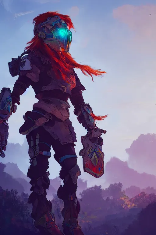 Image similar to combination suit armor aloy horizon forbidden west horizon zero dawn radiating a glowing aura global illumination ray tracing hdr fanart arstation by ian pesty and alena aenami artworks in 4 k tribal robot ninja mask helmet backpack