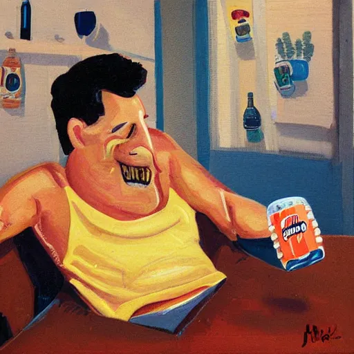 Image similar to Guy who drink beer while watching TV, junk foods, by Philippe Vuillemin