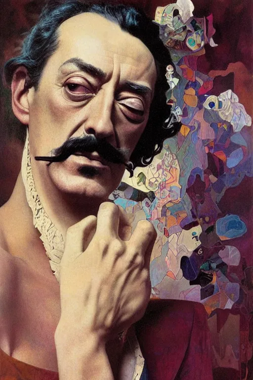 Prompt: Salvador Dali soft self-portrait. colorlpunk art and illustration by tian zi and craig mullins and WLOP and alphonse mucha, fantasy, intricate complexity, hyperrealism 8k