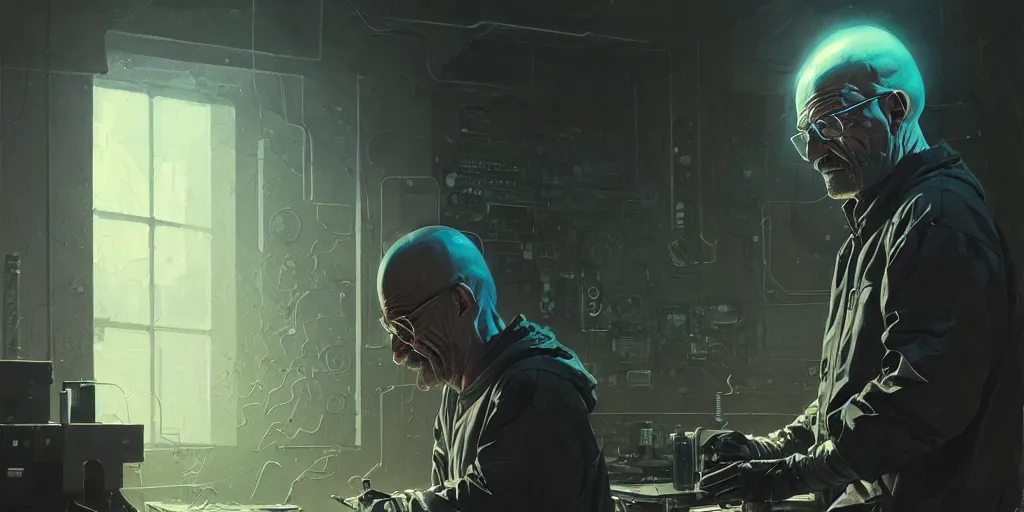 Image similar to cybernetic walter white selling methamphetamine, detailed intricate illustration, dark atmosphere, detailed illustration, hd, 4 k, digital art, overdetailed art, by greg rutkowski, by loish, complementing colors, trending on artstation, deviantart