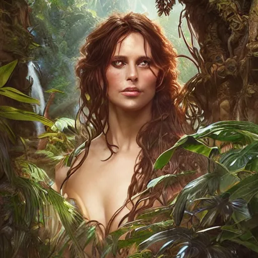 Image similar to Tarzan in the jungle, D&D, fantasy, intricate, elegant, highly detailed, digital painting, artstation, concept art, matte, sharp focus, illustration, hearthstone, art by Artgerm and Greg Rutkowski and Alphonse Mucha