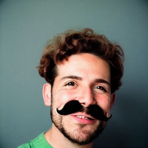 Image similar to a headshot of a happy masculine gay man with a mustache and green eyes, 35mm photo