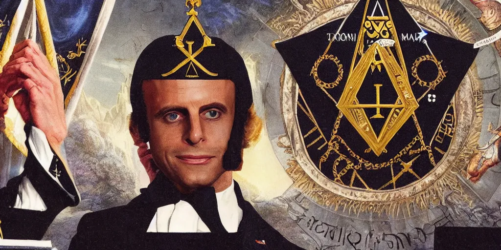 Image similar to emanuel macron hacking his way to illuminati council, freemason, epic, esoteric, matte painting, ultra detailled, conspiracy, reptilians