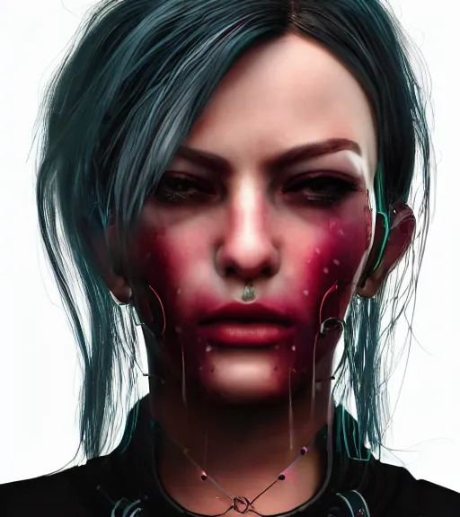 Image similar to detailed realistic female character cyberpunk wearing thick steel collar around neck, realistic, art, beautiful, 4K, collar, choker, collar around neck, punk, artstation, detailed, female, woman, choker, cyberpunk, neon, punk, collar, choker, collar around neck, thick collar, tight around neck, punk, headshot, detailed,