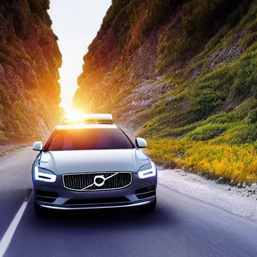 Prompt: beautiful road by the sea in the sunset. a fast futuristic electric self driving volvo drives elegantly., highly detailed, stylish