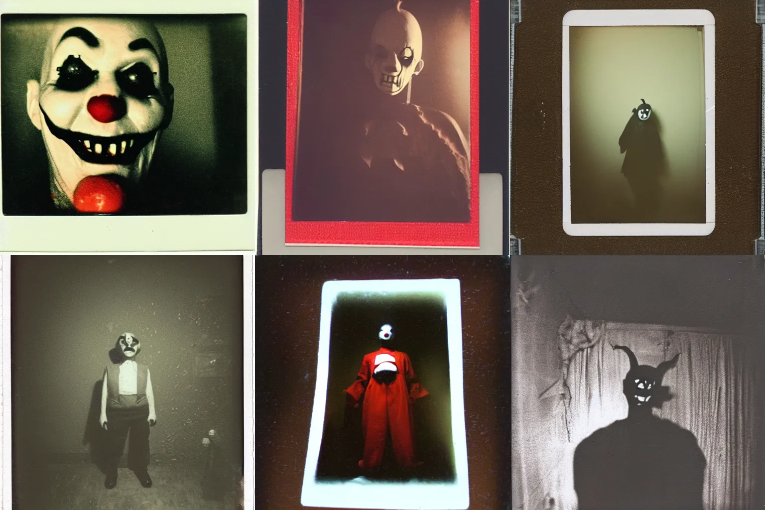 Prompt: an eerie polaroid photograph of a scary evil horrifying clown in the backrooms, nighttime, dimly lit, creepy