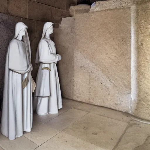 Prompt: 3 mary's, talking to 2 angels at the tomb of jesus, medium wide shot, velasquez