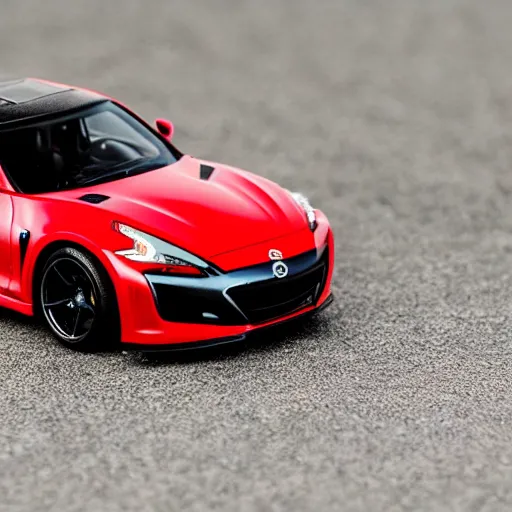 Prompt: a hotwheel supercar based on the nissan 3 7 0 z and acura nsx, it has a red and black paint, photoreal, car photography, hotwheels, supercar,