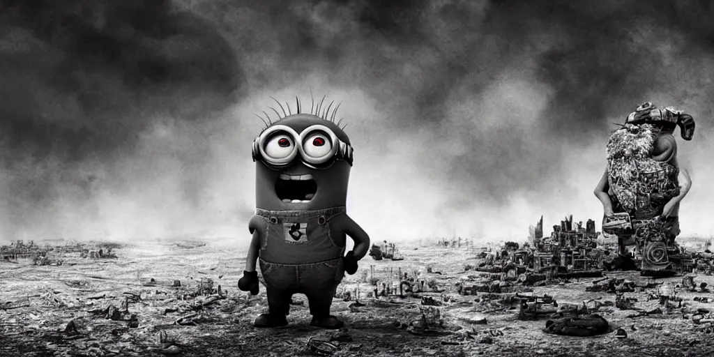 Image similar to Minion, George Miller, Photorealistic, Hyper detailed, desert, post apocalyptic, fire, dust, black and white