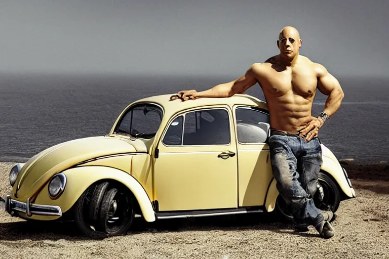 Prompt: vin diesel holds over its head in hands volkswagen beetle