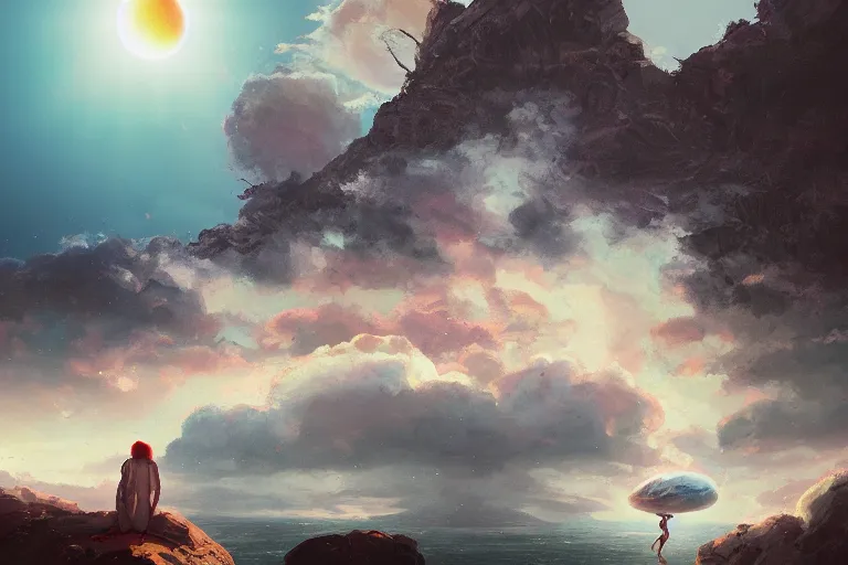 Image similar to giant white daisy flower over head, girl standing on rocky cliff, surreal photography, solar eclipse, milky way, dramatic light, impressionist painting, colorful clouds, digital painting, artstation, james gilleard, liam wong, jeremy mann, simon stalenhag