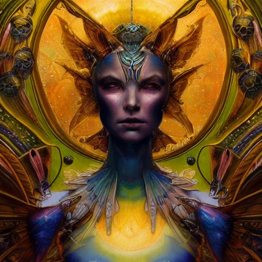 Image similar to beautiful closeup portrait of an android fairy queen, glowing eyes. reflective detailed textures, moth wings, highly detailed dark fantasy science fiction painting by donato giancola and peter mohrbacher and nicholas roerich, elaborate geometric ornament, ancient runes, silver and cool colors. artstation