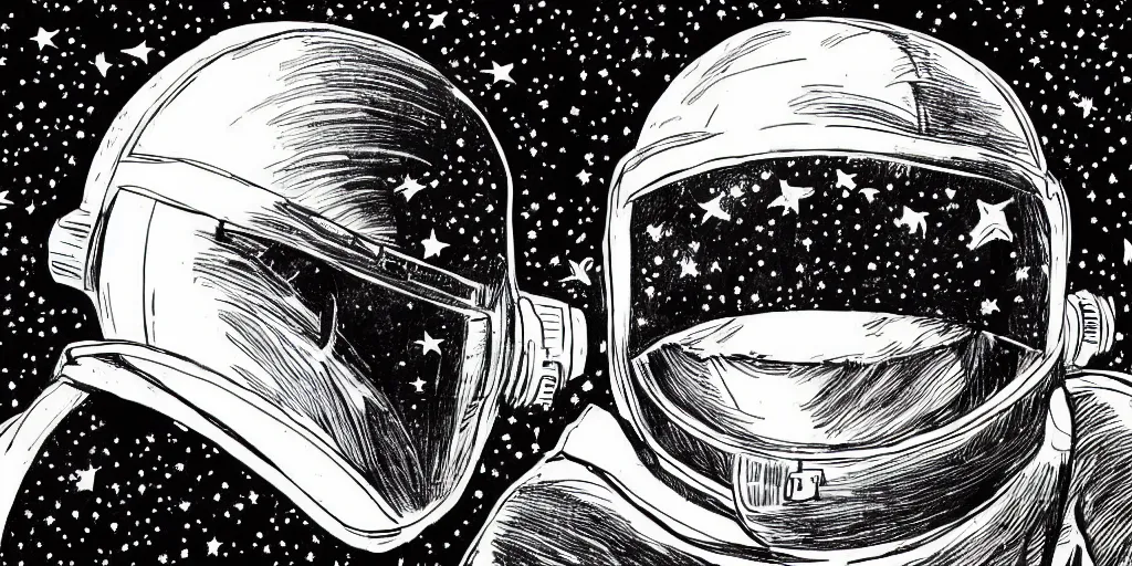 Image similar to etching portrait of a woman wearing a space helmet, manga art, chinese brush, scifi, big clouds visible in the background, stars in the sky, high contrast, deep black tones