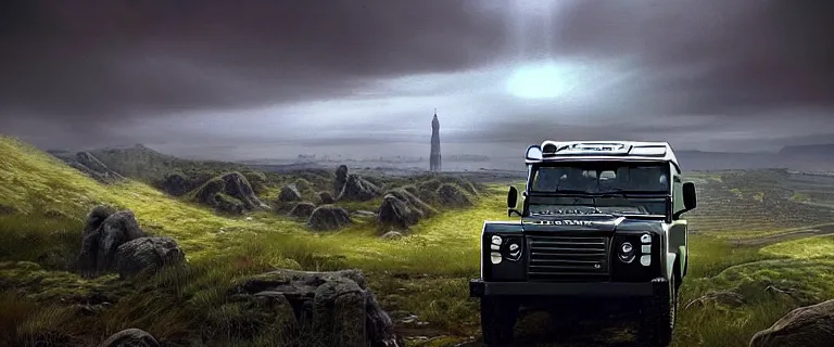 Image similar to Land Rover Defender 110 (1985), an epic fantasy, dramatic lighting, cinematic, establishing shot, extremely high detail, photorealistic, cinematic lighting, artstation, by simon stalenhag, The Elder Scrolls IV: Oblivion, Green Cyrodiil plains, Imperial City with the Adamantine Tower in the middle in the distance, at day