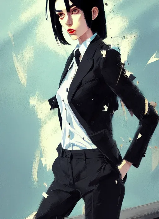 Image similar to a ultradetailed beautiful panting of a stylish woman wearing a shirt with a tie, she has black hair, distressed, background explosion, by ashley wood, ilya kuvshinov, greg rutkowski on artstation