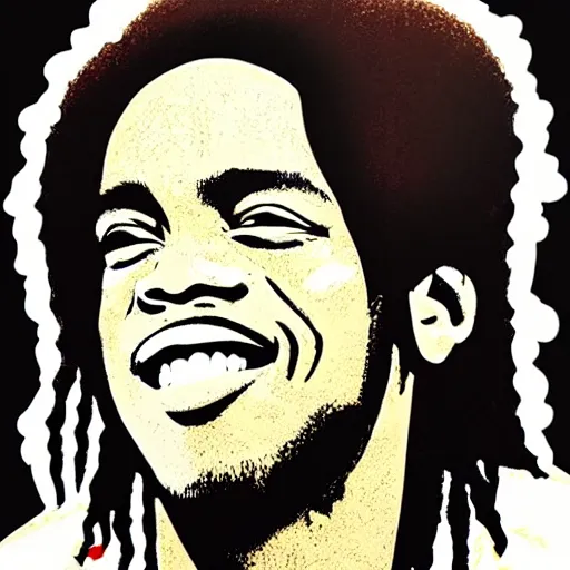 Prompt: side view portrait of ronaldinho smiling, screen print design.