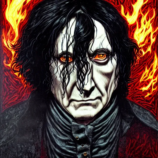 Prompt: symmetrical complex fine detail, black ink & copic markers, vibrant muted colors, disturbing grunge still of a [ biblical demon infested ] [ severus snape ] [ blazing flames around his silhouette ], by ( arthur adams ), by ( tom bagshaw ), by henry asencio, by kikuchi hideyuki