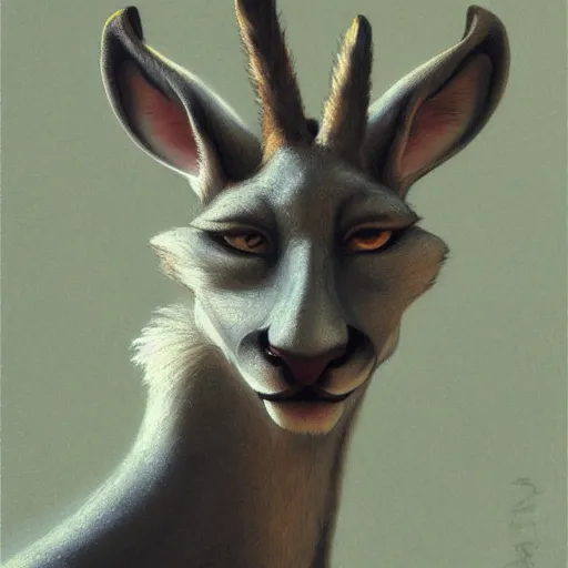 Image similar to a portrait of an anthropomorphic gazelle, furry fursona, in the style of william - adolphe bouguereau and hayao miyazaki and masamune shirow, extremely detailed, wlop