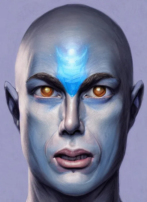 Prompt: head-on symmetrical centered painted portrait, a smiling bald androgynous man with completely blue skin in his twenties as a D&D wizard, fantasy, intricate, elegant, highly detailed, digital painting, smooth, sharp focus, illustration, artstation, in the style of Yoann Lossel and Artgerm and Anna Podedworna and Charlie Bowater and Michael Garmash