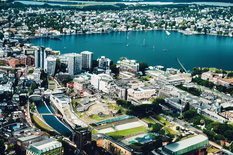 Image similar to bird's eye view photography of a small city. town hall, central farm, monorail station, beach and harbor. hills, woods and lake to the north.