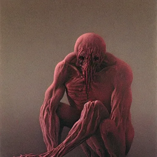 Prompt: a monster that is the personification of guilt painted by zdzisław beksinski