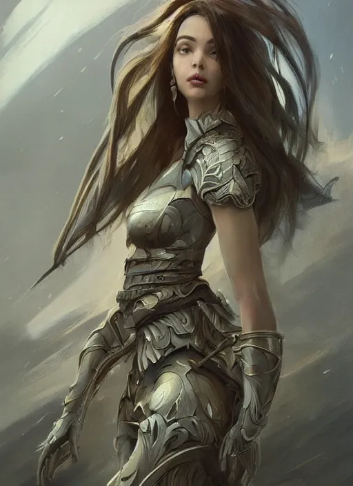 Image similar to a professional portrait of a beautiful young female, clothed in ethereal battle armor, olive skin, long dark hair, beautiful bone structure, symmetrical facial features, intricate, elegant, digital painting, concept art, smooth, sharp focus, finely detailed, illustration, from Valerian and the City of a Thousand Planets, by Ruan Jia and Mandy Jurgens and Artgerm and William-Adolphe Bouguerea